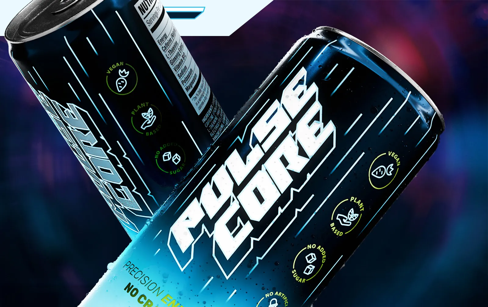 PULSECORE energy drink 3D can visualisation, cyberpunk brand identity and packaging design for gaming beverage brand