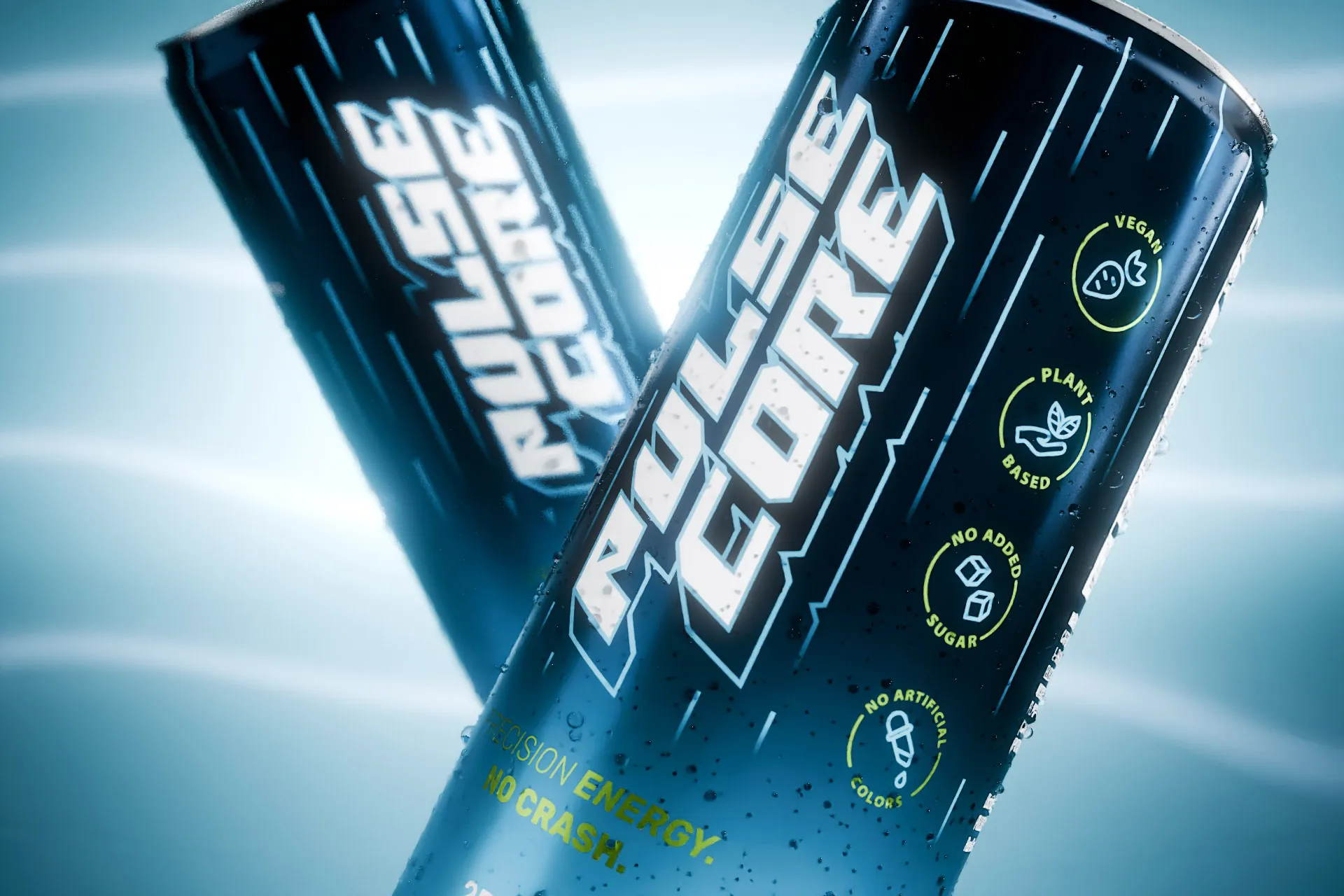 Pulsecore energy drink can on gaming desk with neon lighting