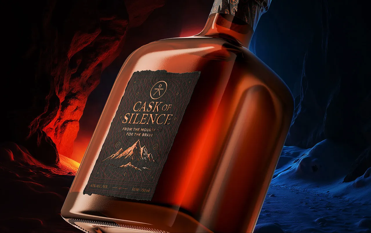 Cask of Silence artisan rum bottle, premium brand identity and 3D product visualisation for luxury beverage packaging