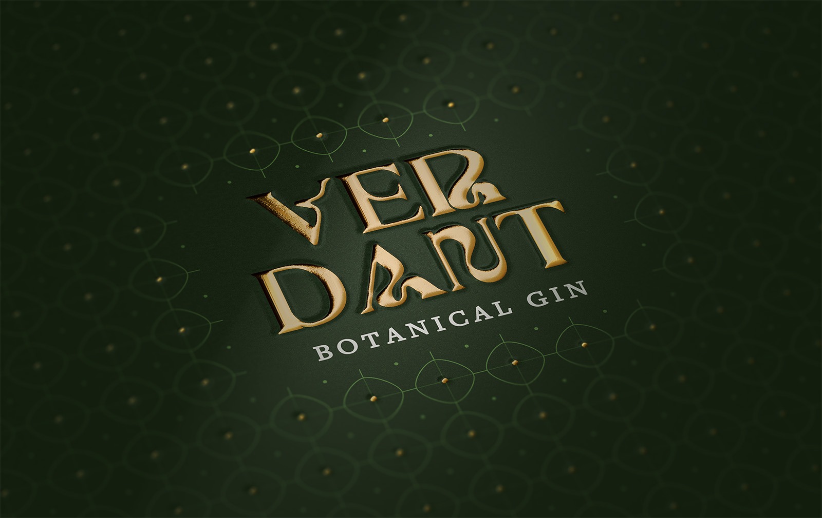 VERDANT Botanical Gin bespoke gold foil wordmark on a deep forest green lattice pattern.