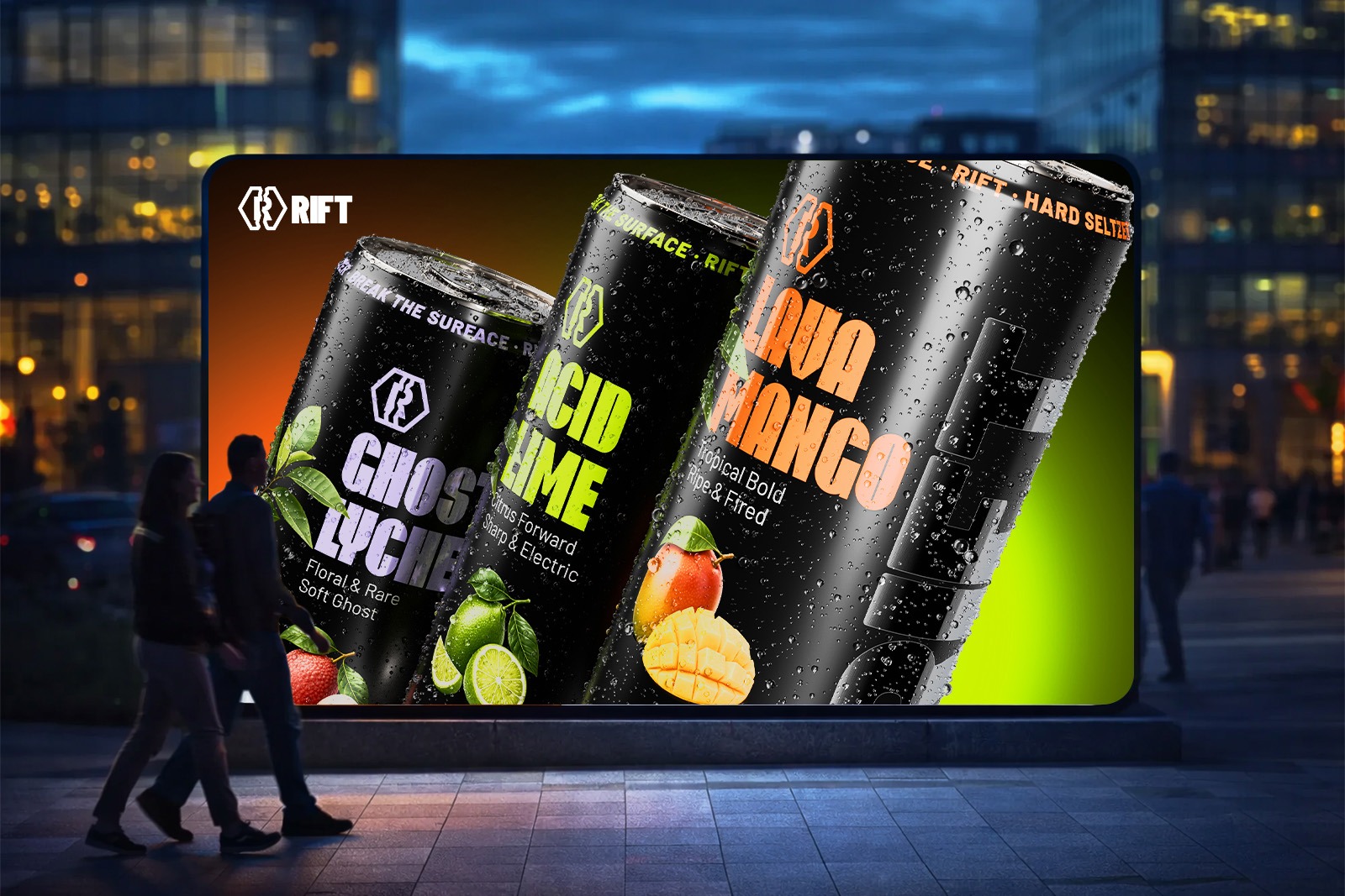 RIFT Hard Seltzer out-of-home billboard preview showing Ghost Lychee, Acid Lime, and Lava Mango cans in urban night setting